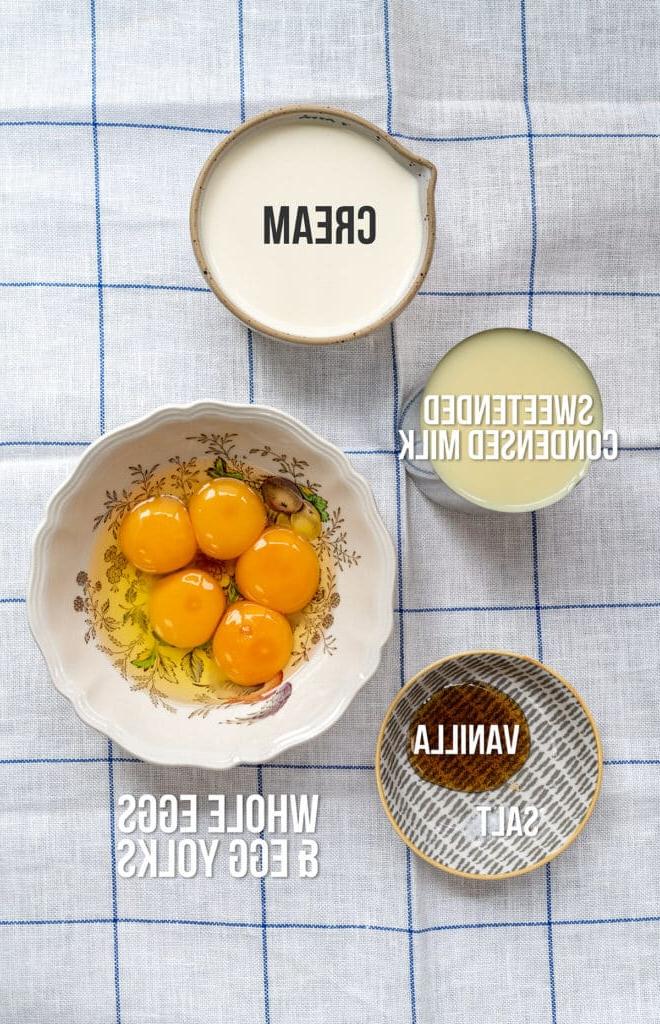 Συστατικά για κρεμ μπρουλέ βανίλιας σε διάφορα μπολ, με λεζάντα