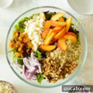 Peachy Feta Quinoa Salad 6 A beautifully tossed quinoa salad with feta, peaches, golden raisins, and thinly sliced red onions, ready to be served.