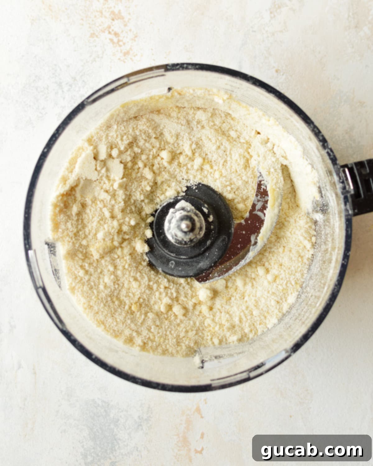 Butter, flour, sugar, salt, and egg yolk in a food processor, partially mixed.