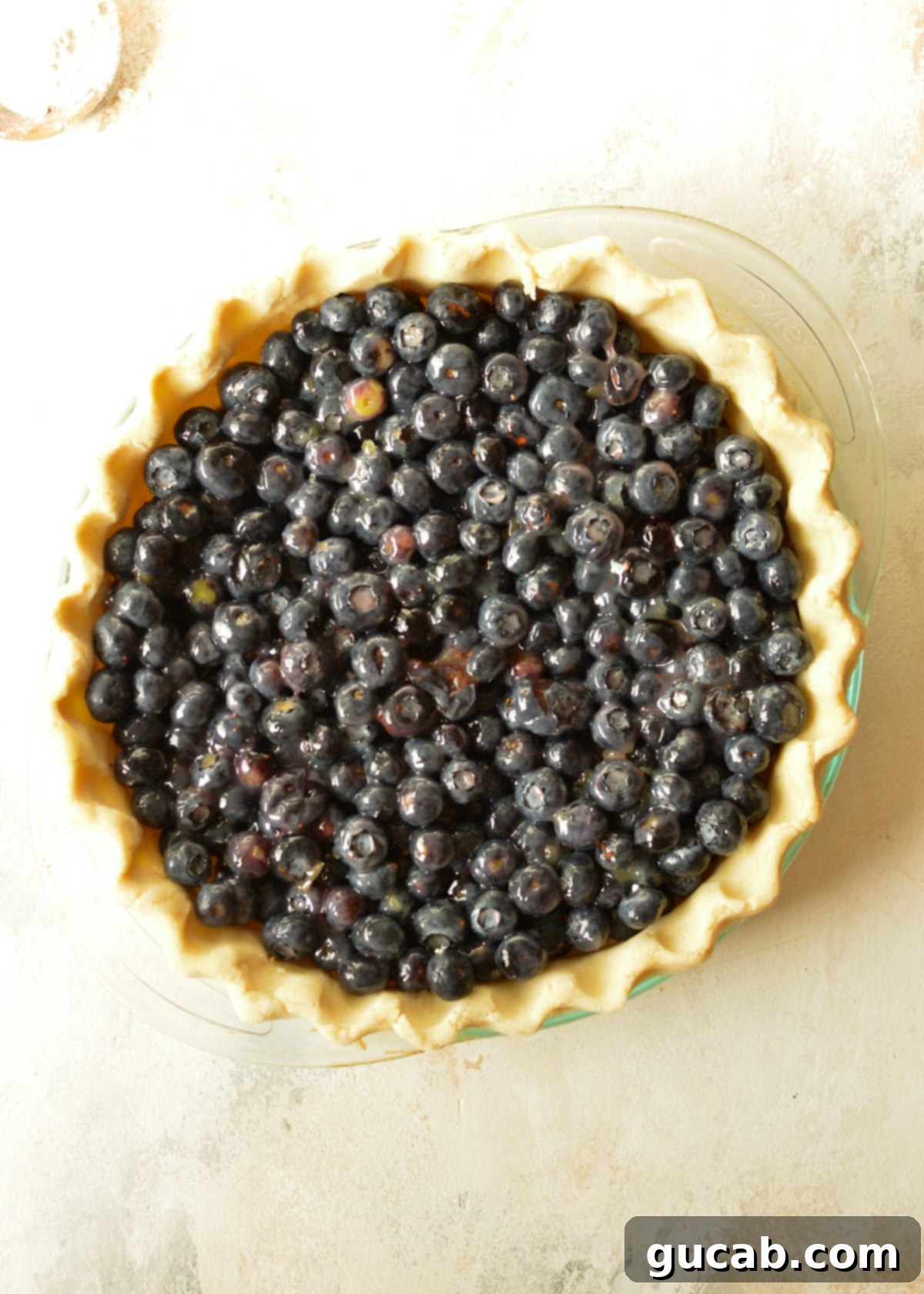A gluten-free pie crust filled with vibrant fresh blueberries, ready for a top crust or crumble.