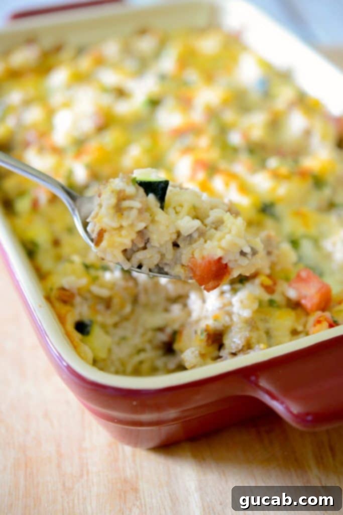 a spoonful of comforting rice and sausage casserole