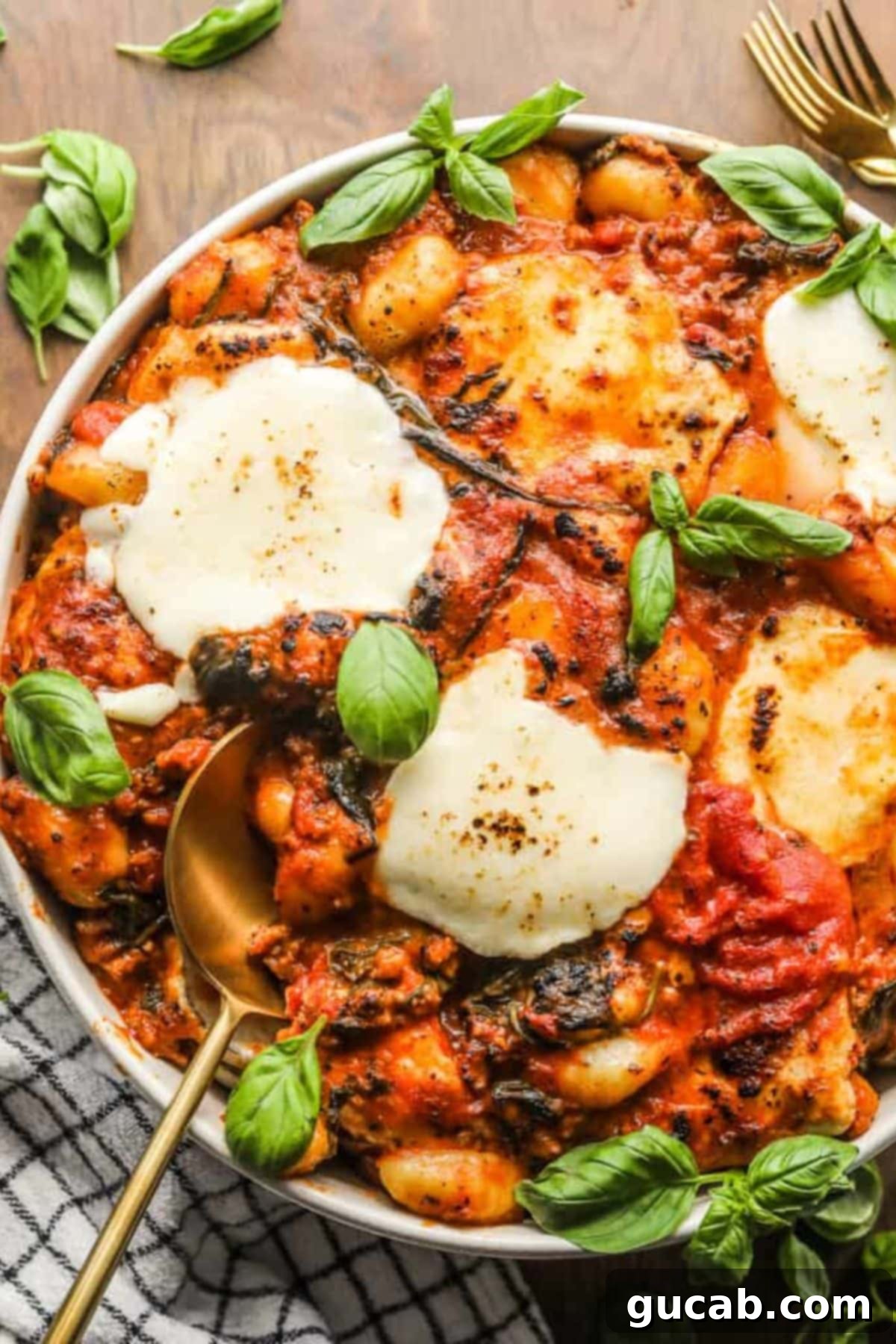 a plate of savory sausage and gnocchi coated in rich sauce
