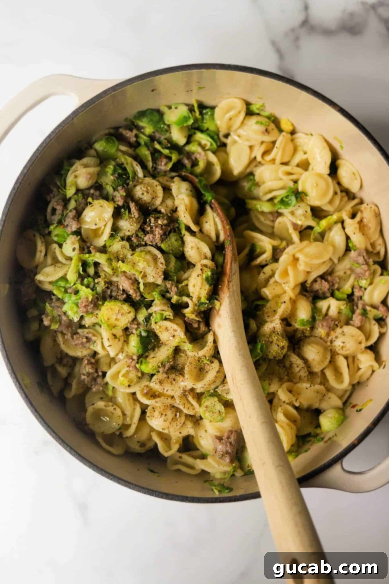 a skillet of pasta, roasted brussels sprouts, and parmesan cheese