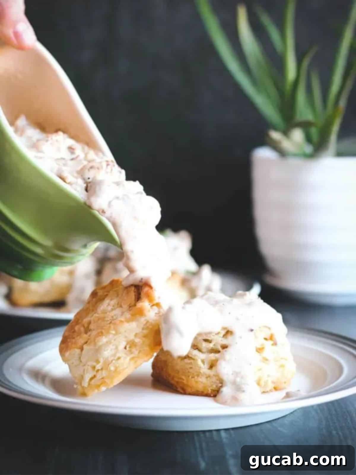buttermilk biscuits with sausage gravy, a classic Southern breakfast