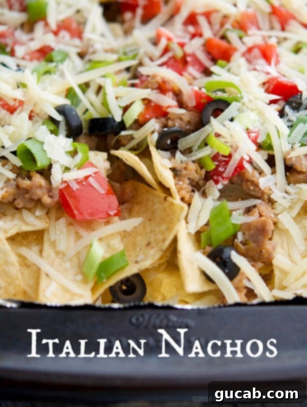 crispy tortilla chips loaded with sausage, cheese, and olives