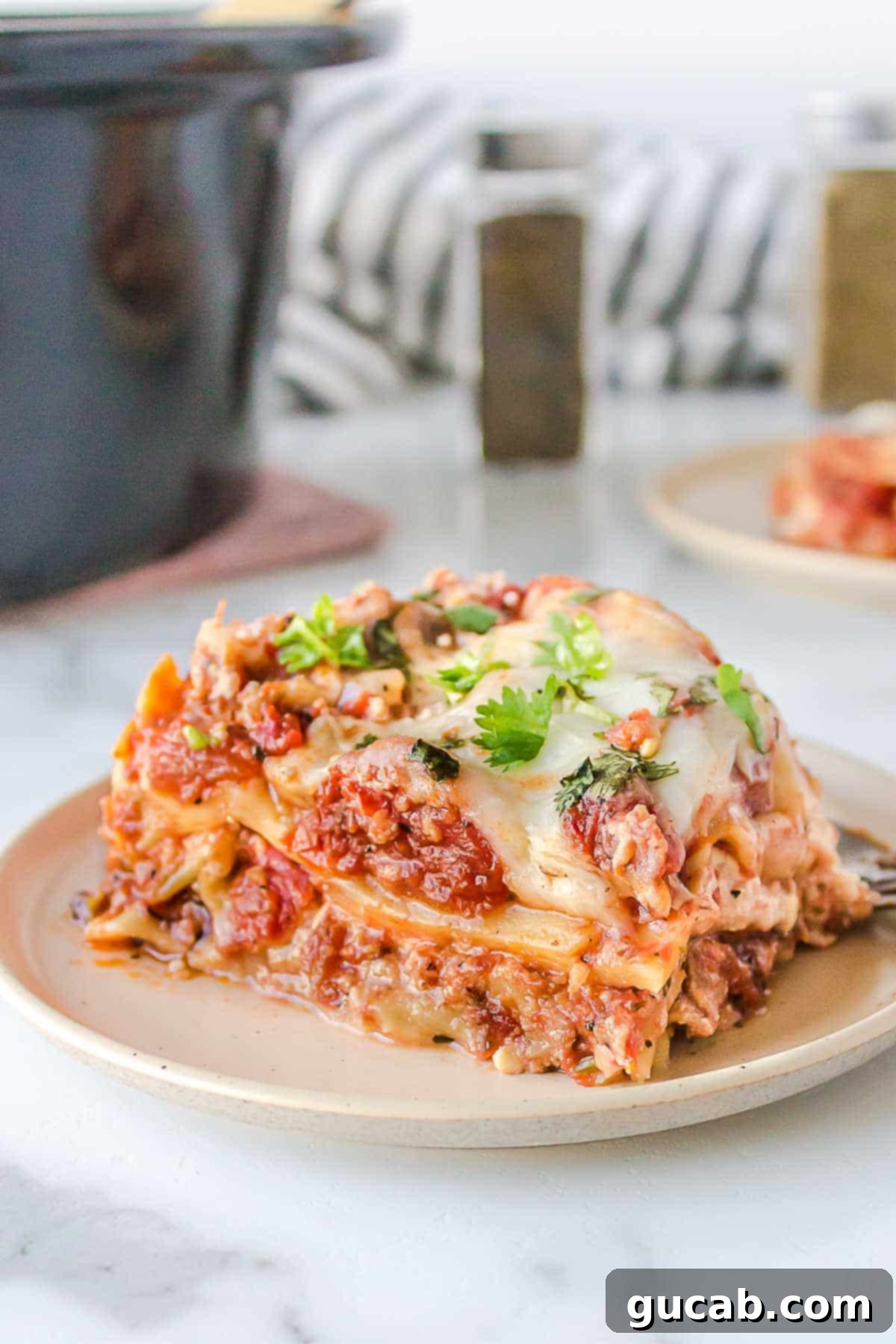 a slice of delicious lasagna on a plate