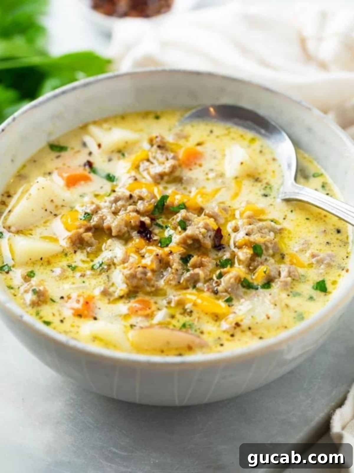 a bowl of creamy sausage potato soup with cheddar cheese