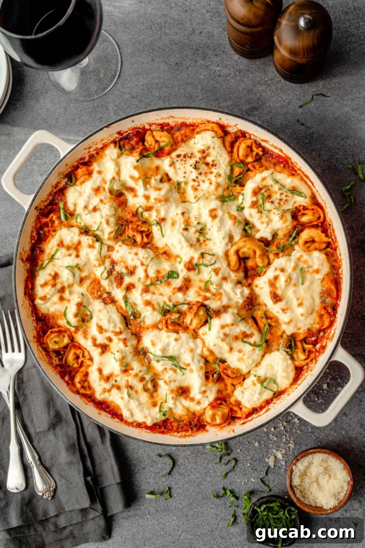 tortellini, sausage, and ricotta baked in a dutch oven