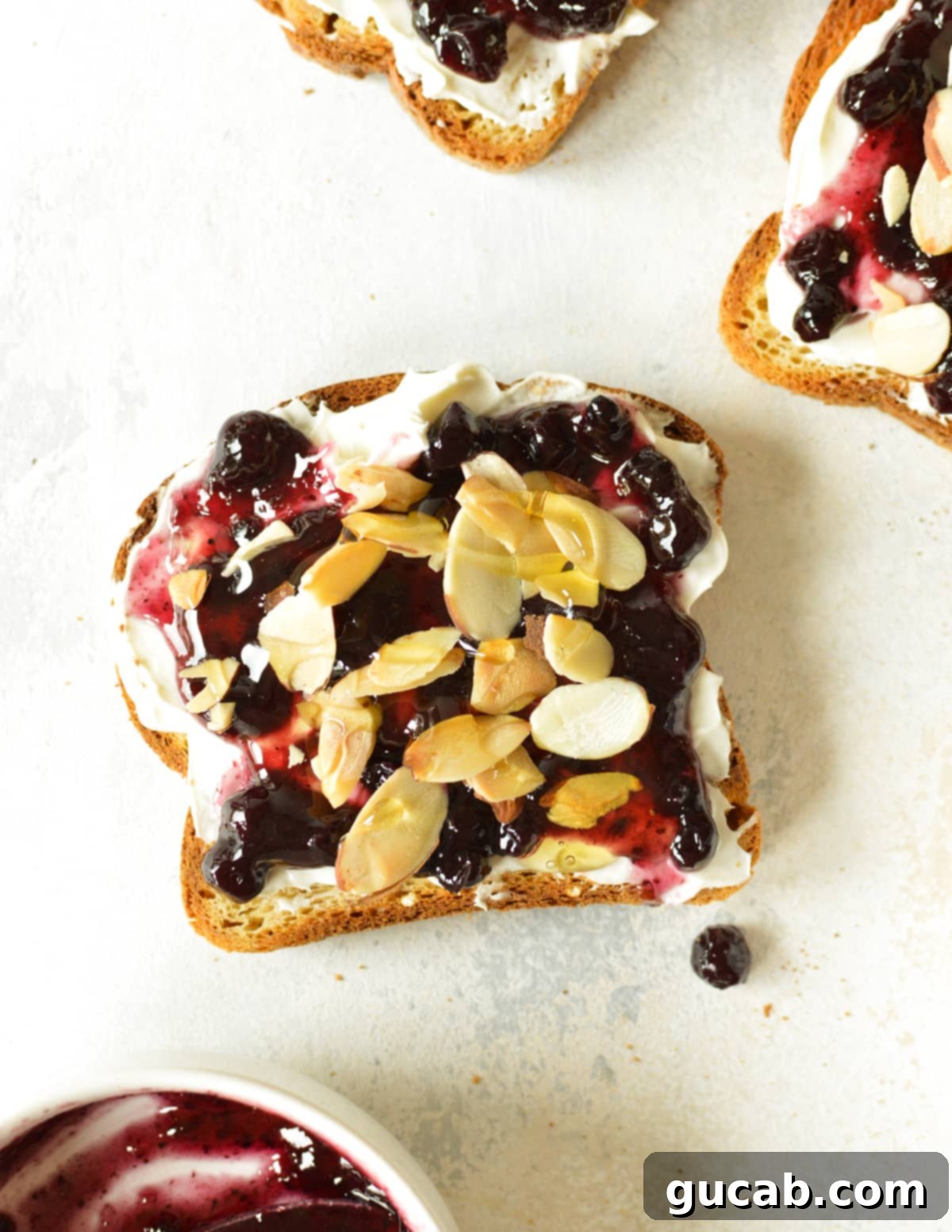 blueberry jam toast with almonds and honey
