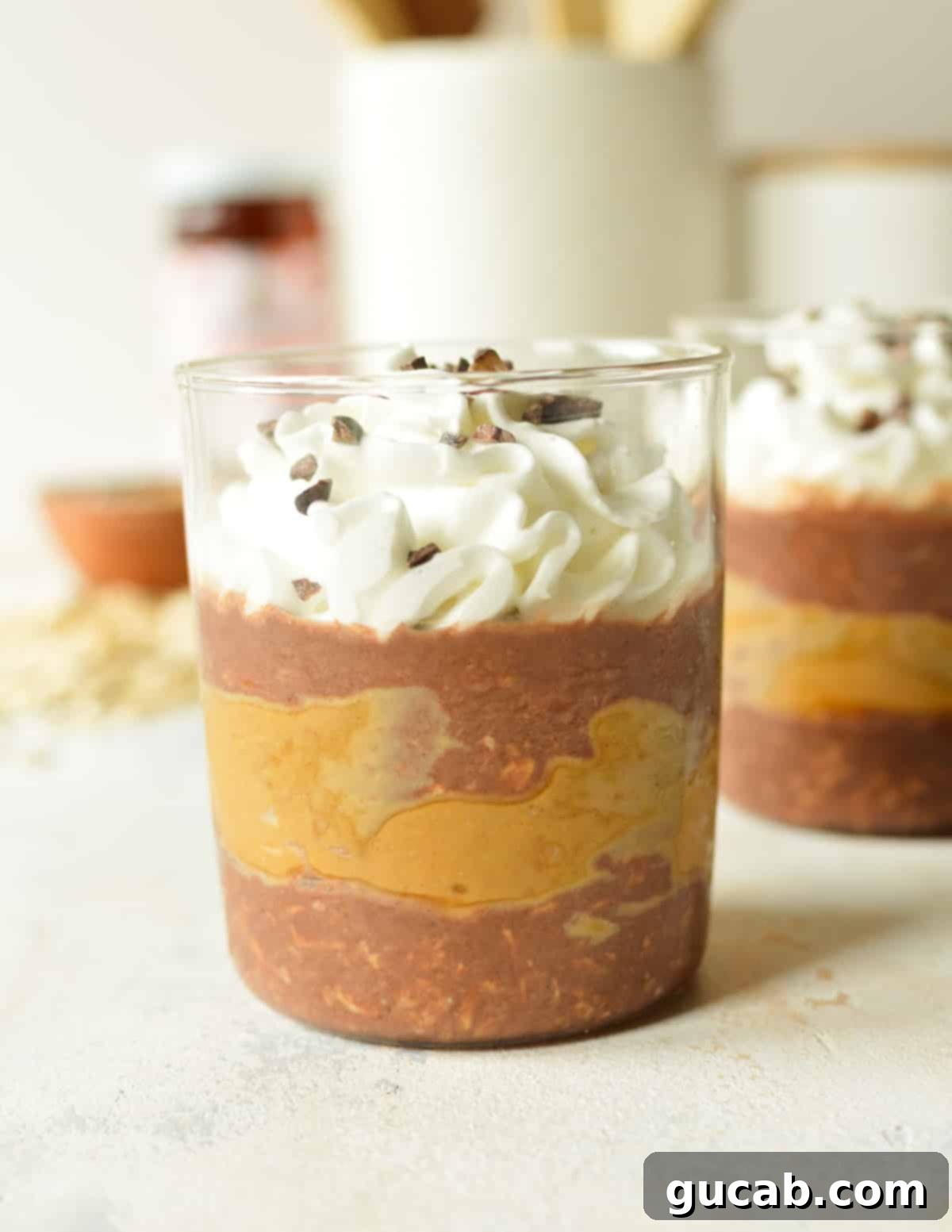 a glass of chocolate and peanut butter oats with whipped cream