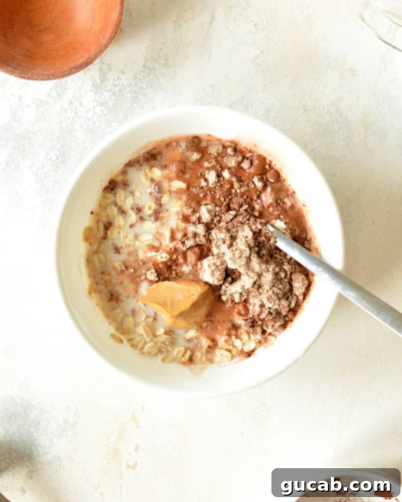 High Protein Overnight Oats 4 Combining ingredients in a bowl