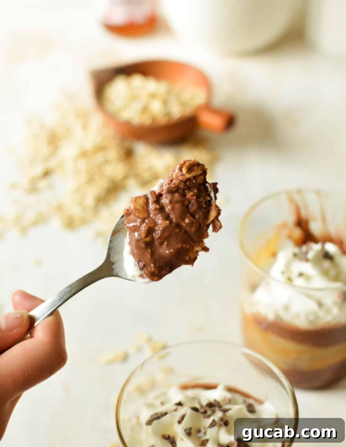 a bite of chocolate overnight oats