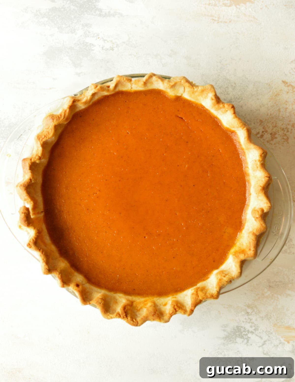 A freshly baked pumpkin pie, golden brown and perfectly set, cooling on a wire rack.