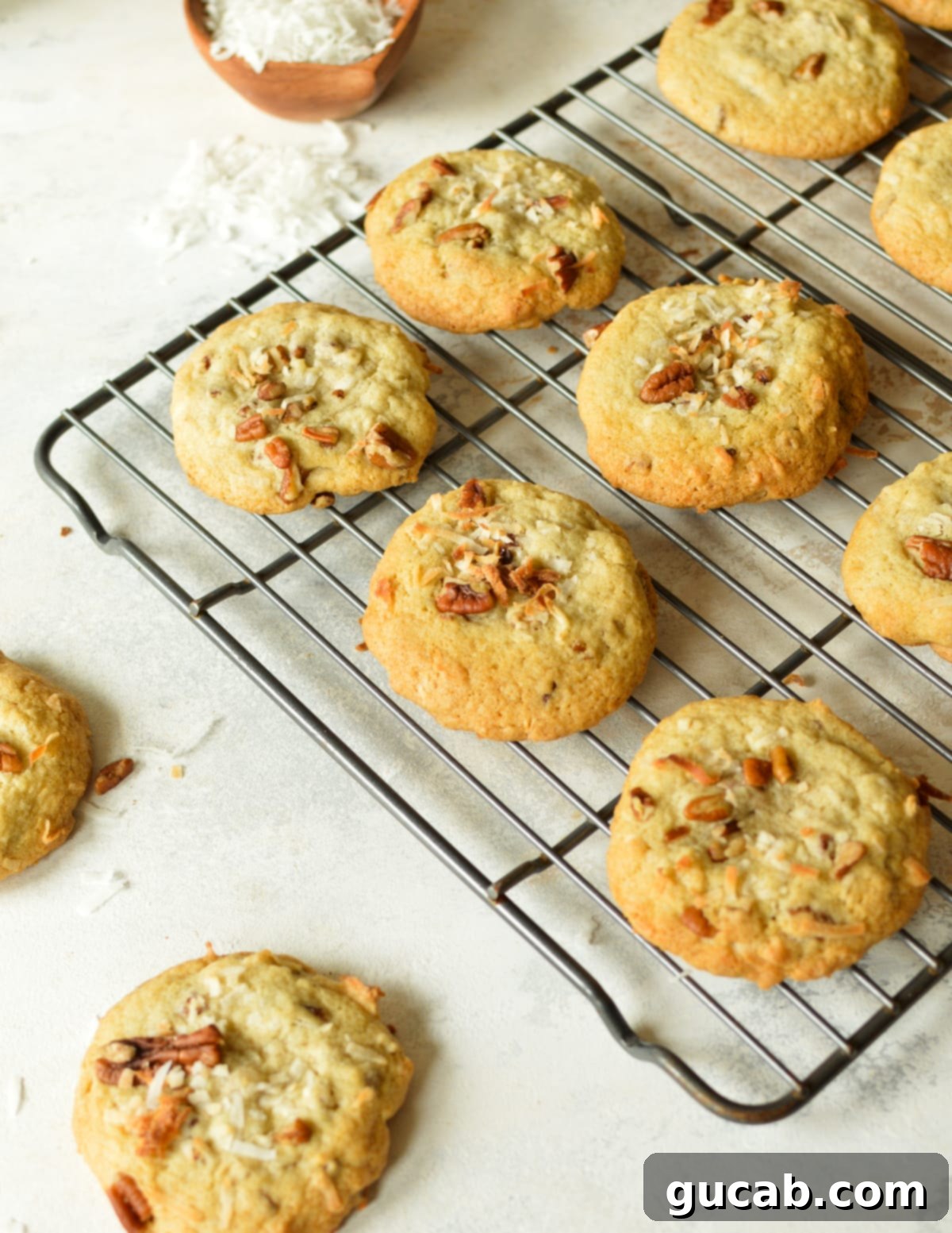 Tropical Pecan Cookie Bliss 9 coconut pecan cookies on a wire rack