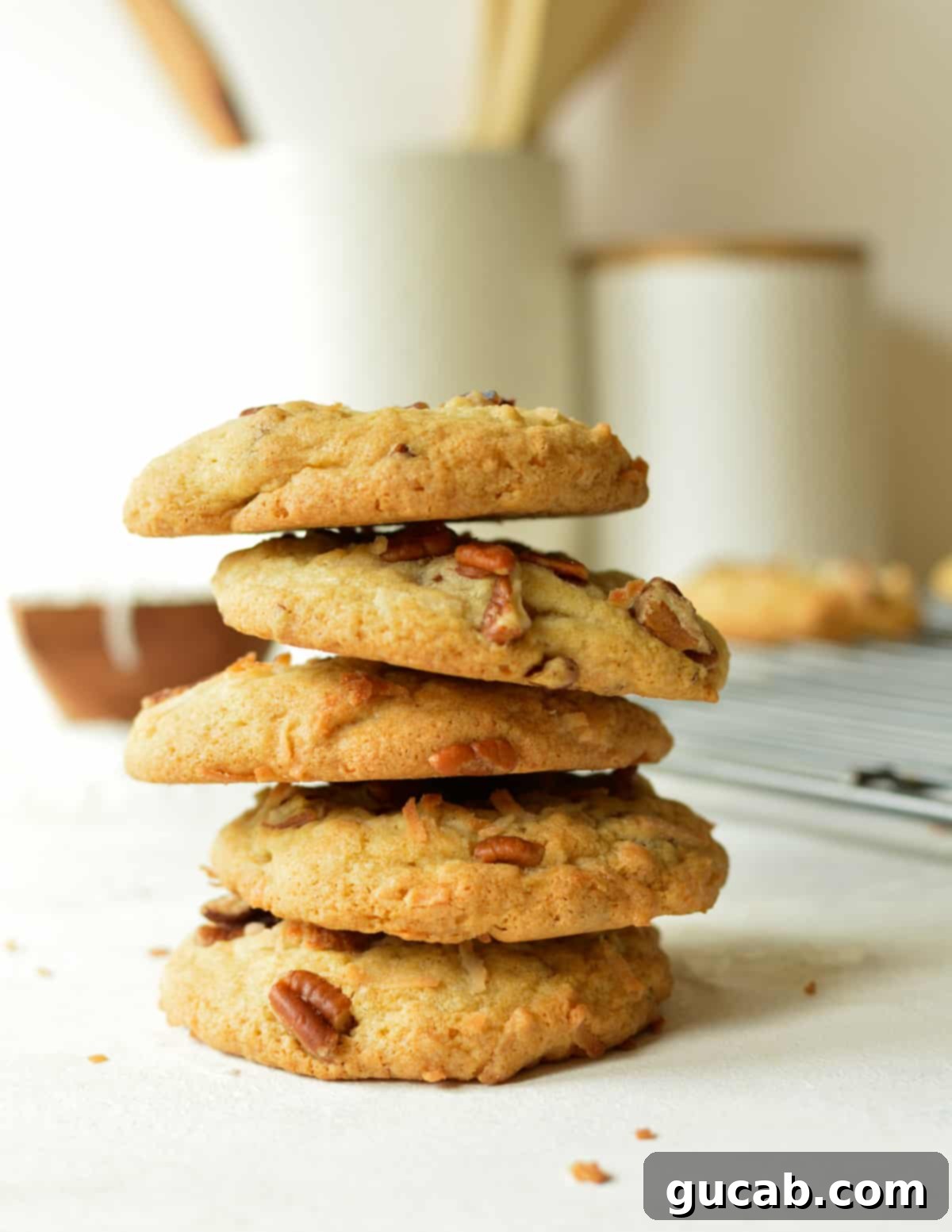 Tropical Pecan Cookie Bliss 10 a stack of coconut pecan cookies
