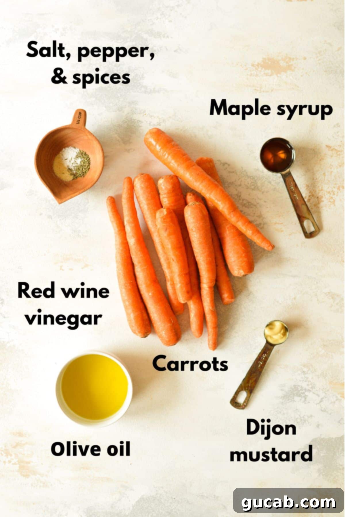 carrots, olive oil, maple syrup, red wine vinegar, and spices