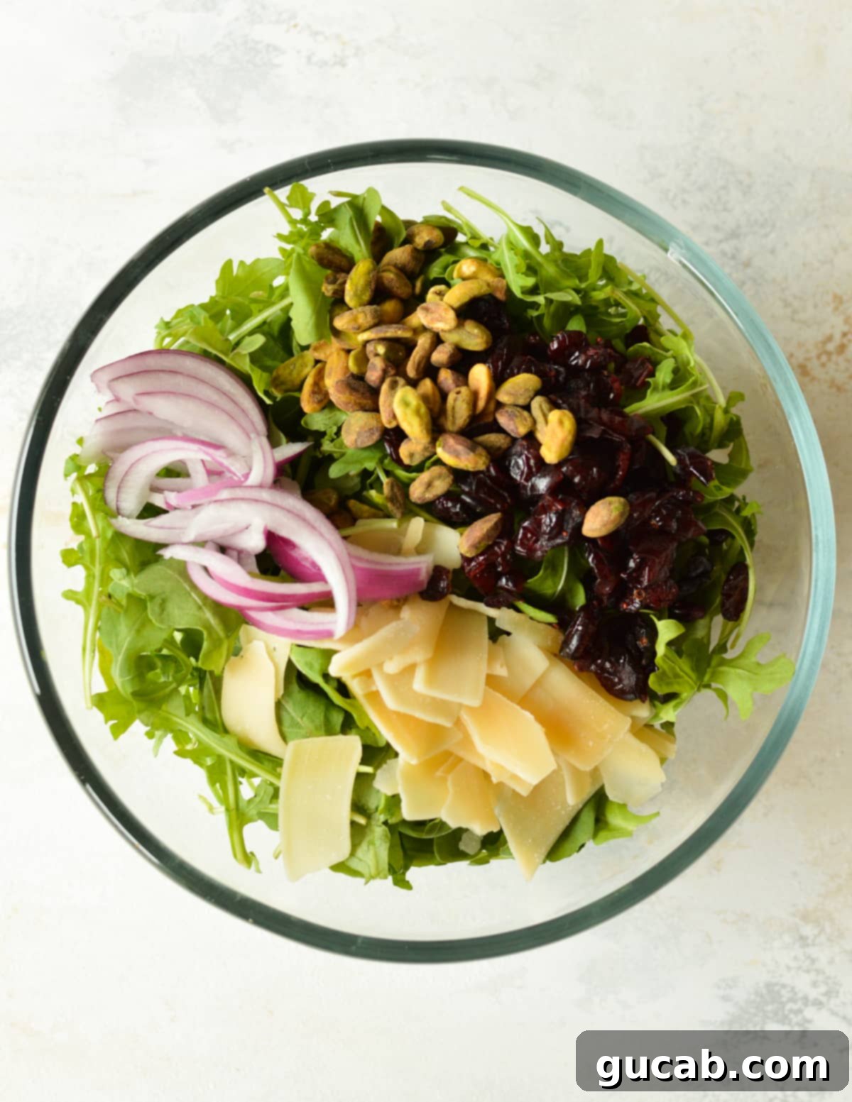 Large bowl with arugula, red onion, cranberries, and pistachios before dressing