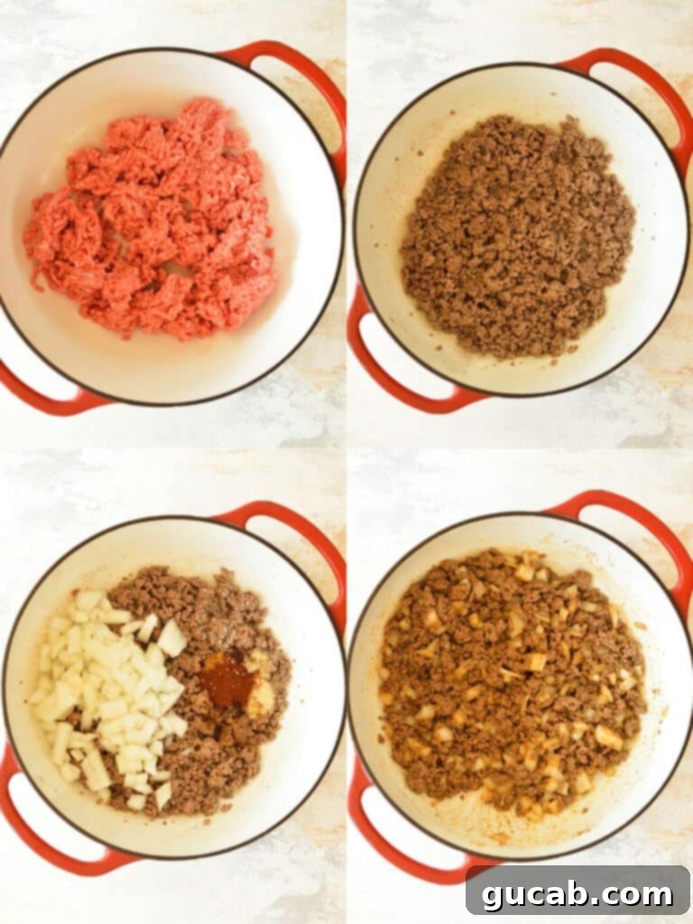 Ranch Hand's Robust Stew 4 Sautéing ground beef with onions and spices in a Dutch oven