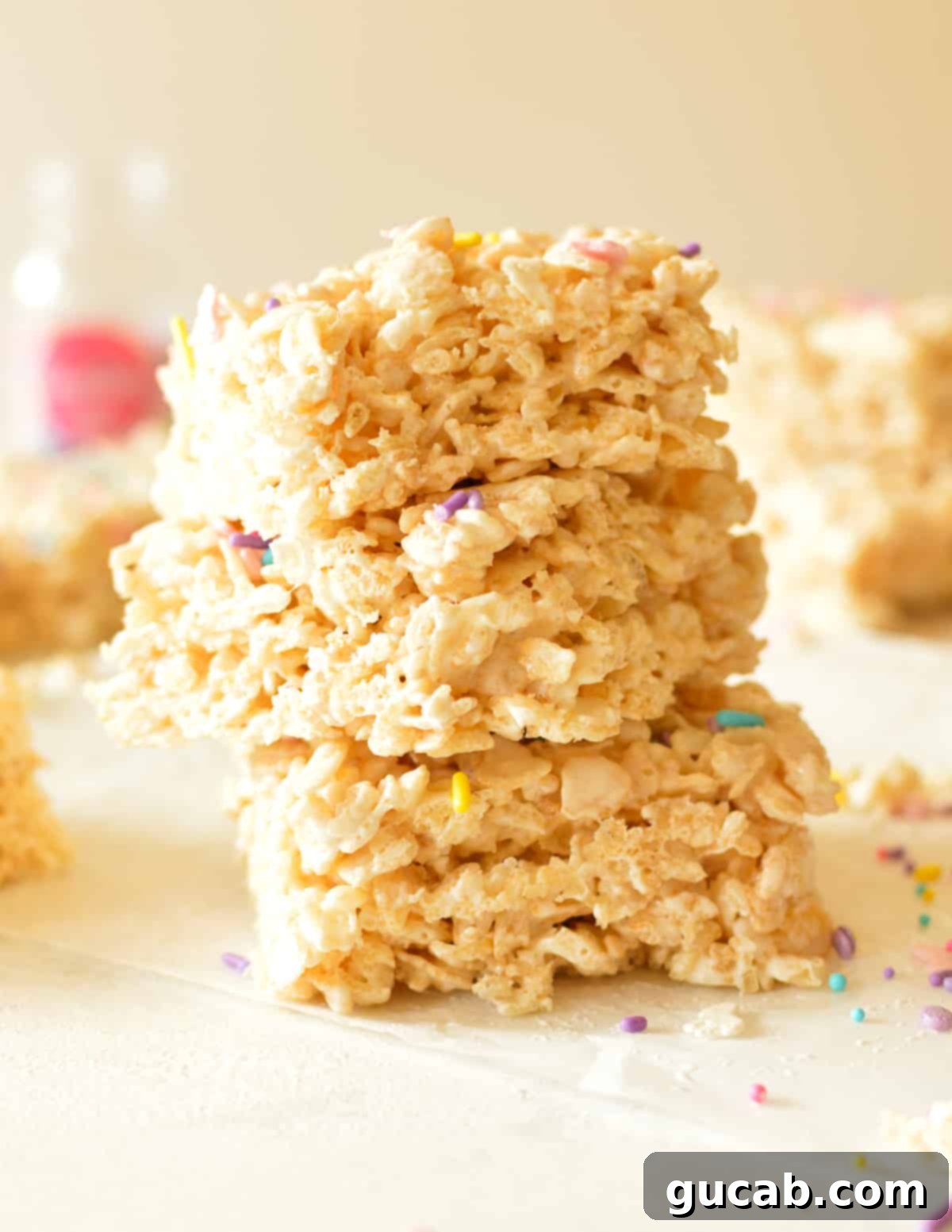 Fluffy Rice Krispie Treats 10 a stack of rice krispie treats made with marshmallow fluff