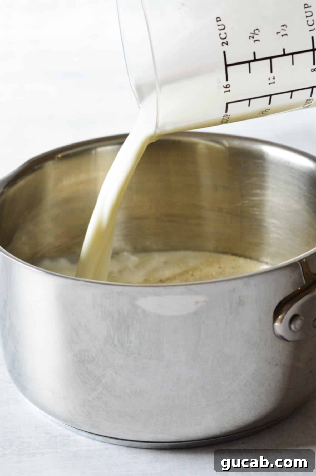 Hearty Creamy Grits 5 A hand pouring whole milk into a saucepan containing dry grits.