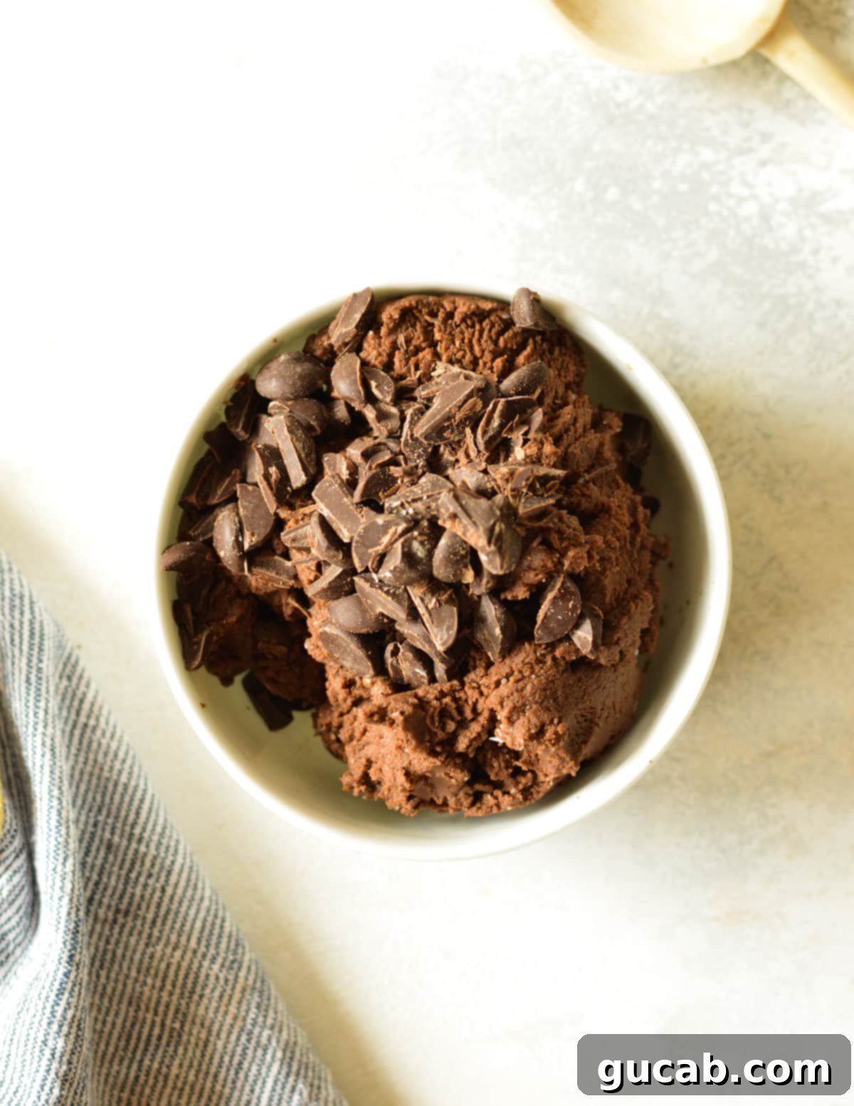 Chocolate Protein Cookie Dough 7 chocolate protein cookie dough with chocolate chips on top