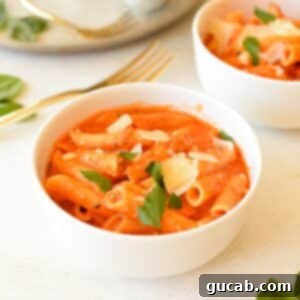 Rose Pasta 11 A bowl of creamy pink sauce pasta garnished with basil and Parmesan.