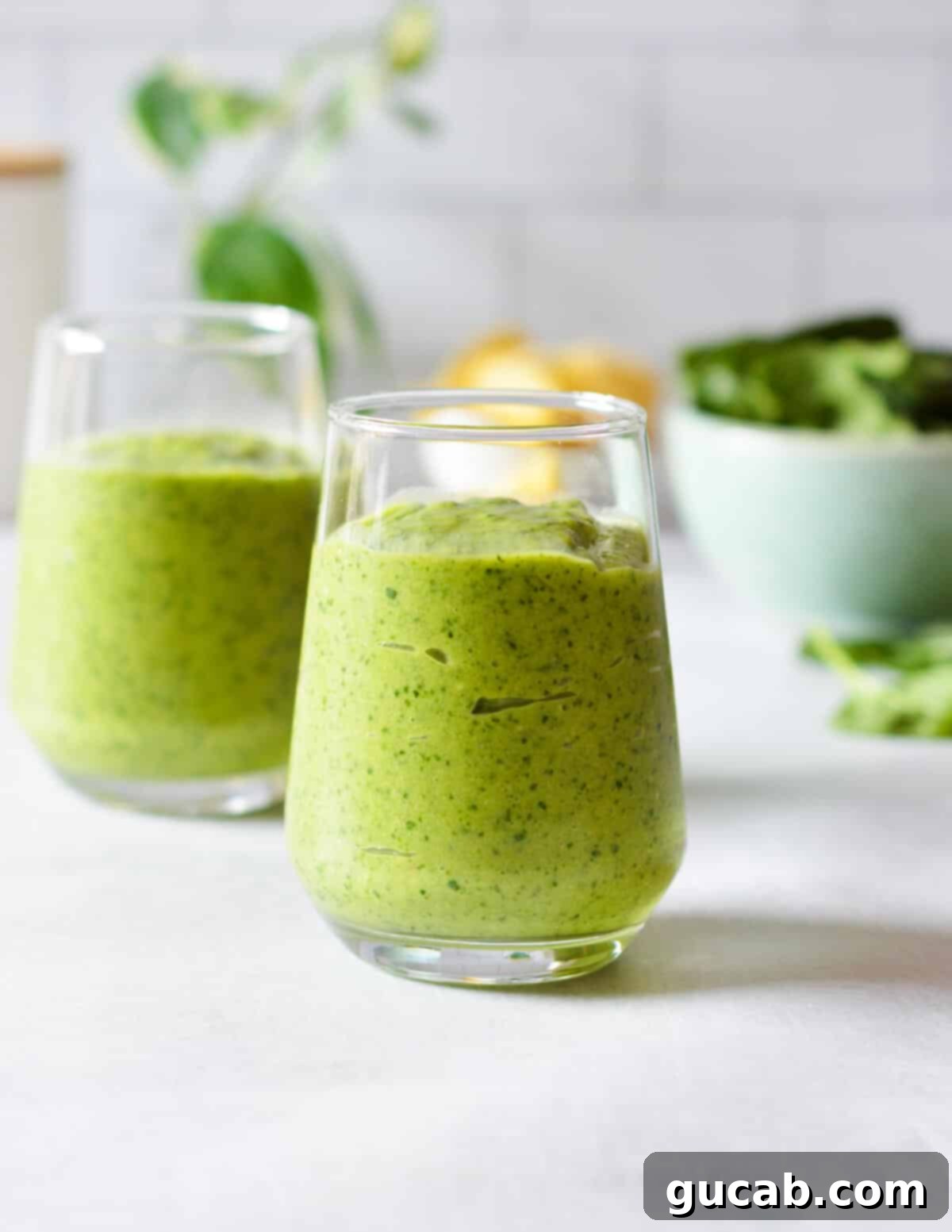 Island Iron Infusion 2 two green smoothies in glasses.