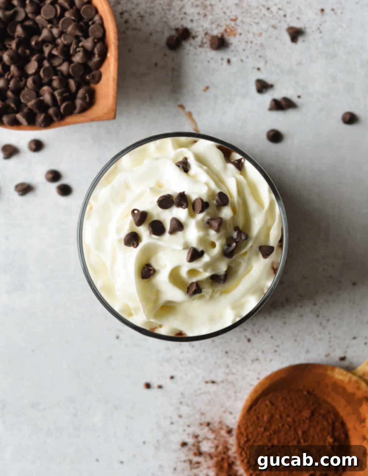 Decadent Chocolate Coffee Smoothie 4 the top of a coffee smoothie with whipped cream and mini chocolate chips on top.