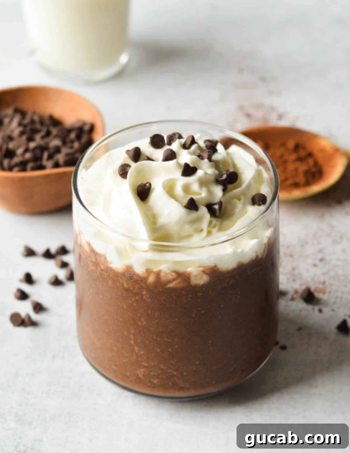 Decadent Chocolate Coffee Smoothie 8 mocha smoothie with whipped cream and chocolate chips on top.
