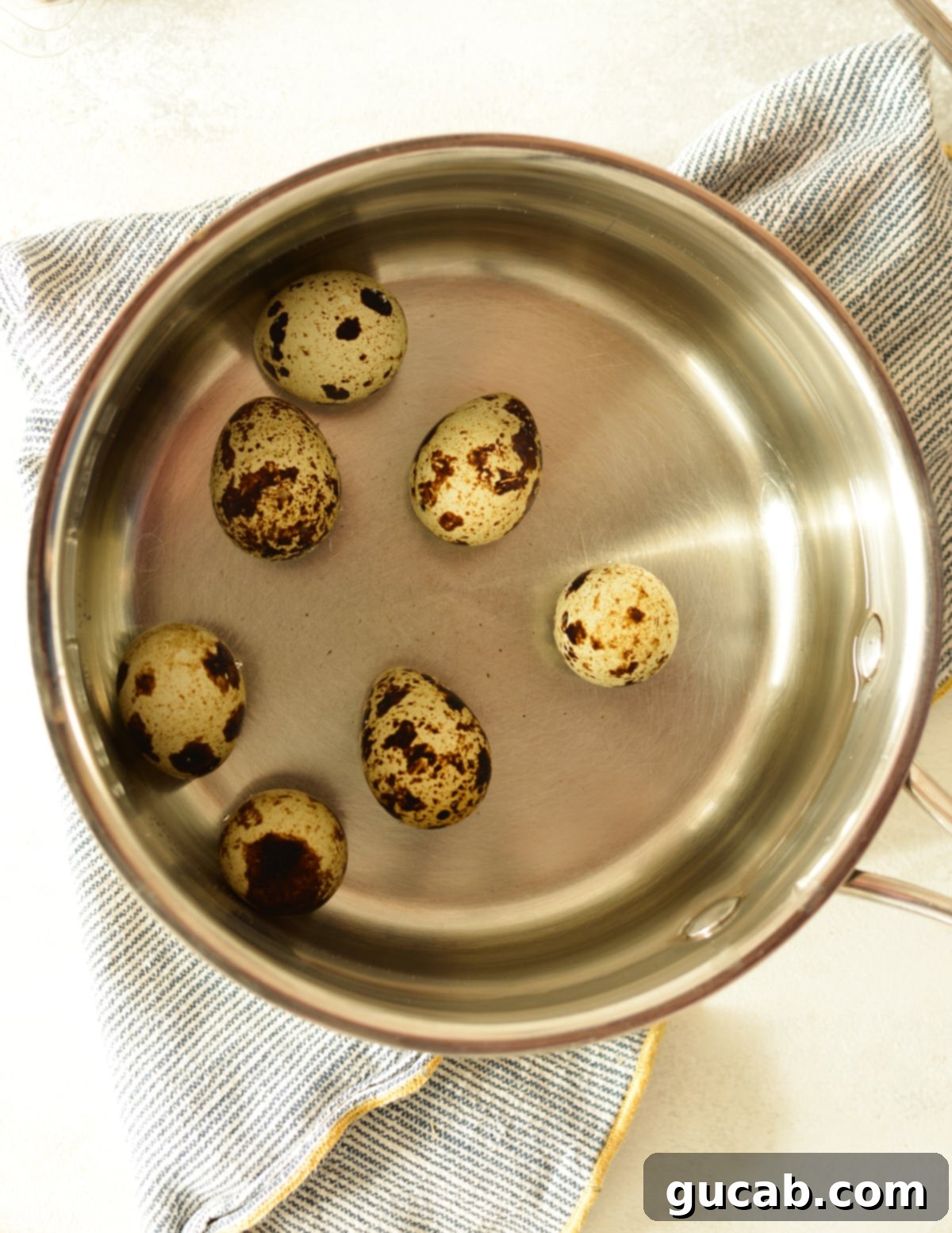 a saucepan with water and quail eggs