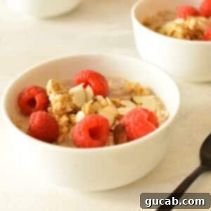 a bowl of overnight oats with raspberries