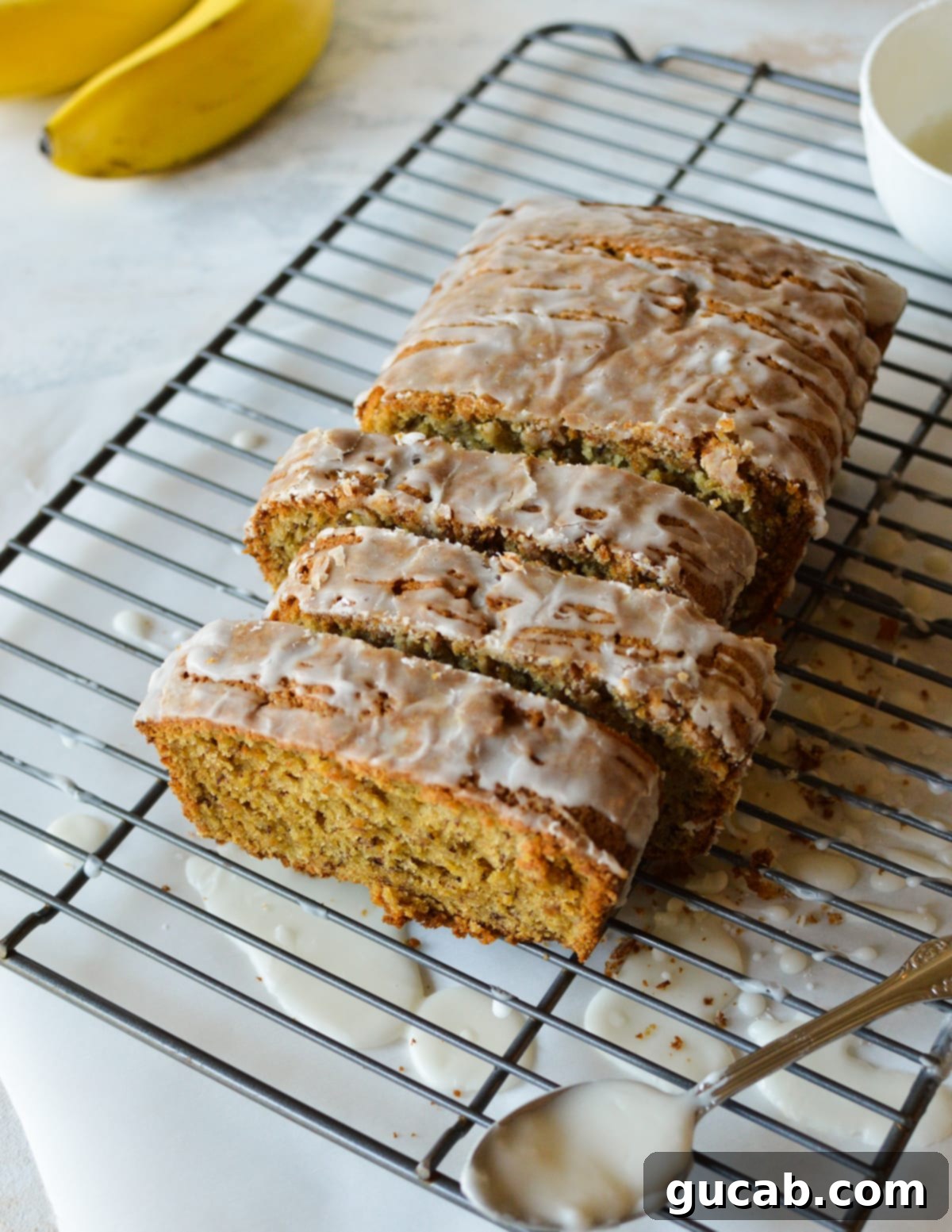 sliced banana bread with icing