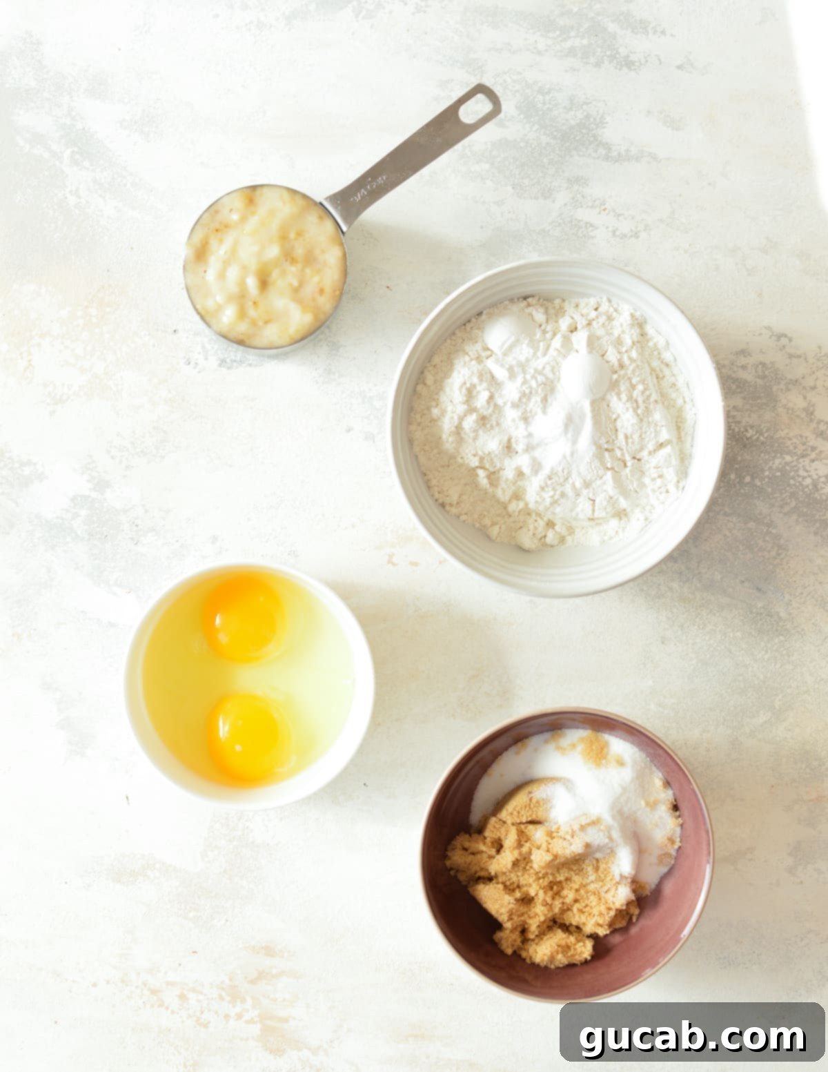 mashed banana, flour, egg, and sugar.