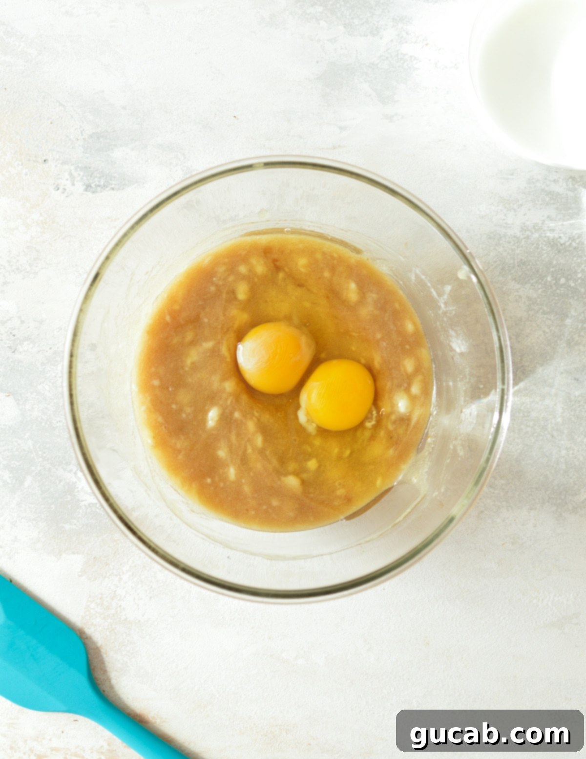 banana mixture with eggs on top.