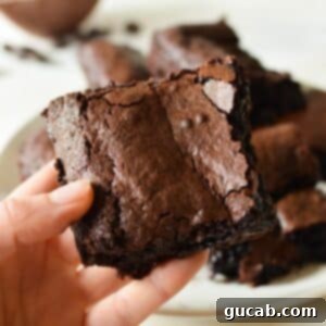 Fudgy Condensed Milk Brownies 10 A perfectly cut, fudgy sweetened condensed milk brownie held in a hand.