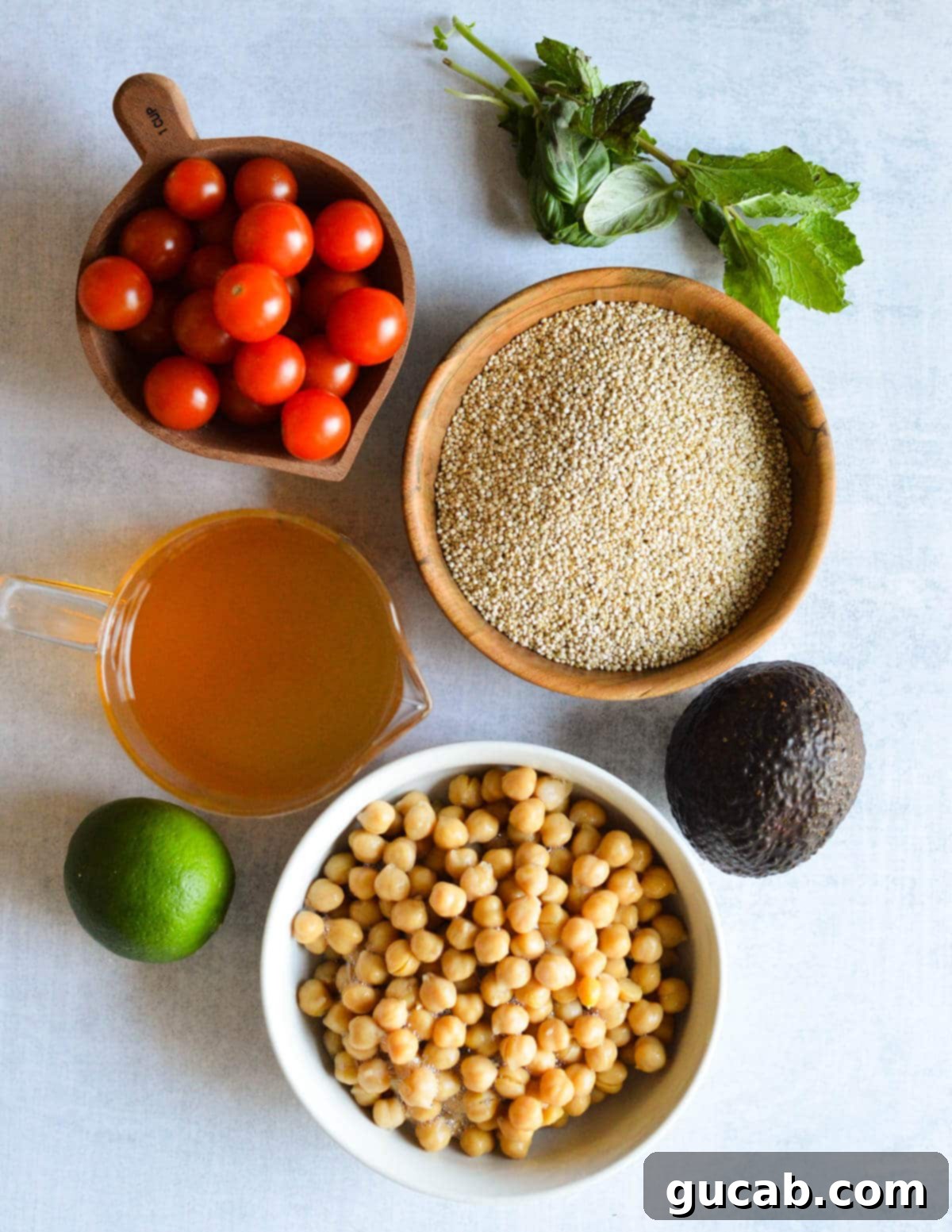 Vibrant Herb & Quinoa Power Bowl 3 tomatoes, quinoa, herbs, avocado, vegetable stock, lime, chickpeas.