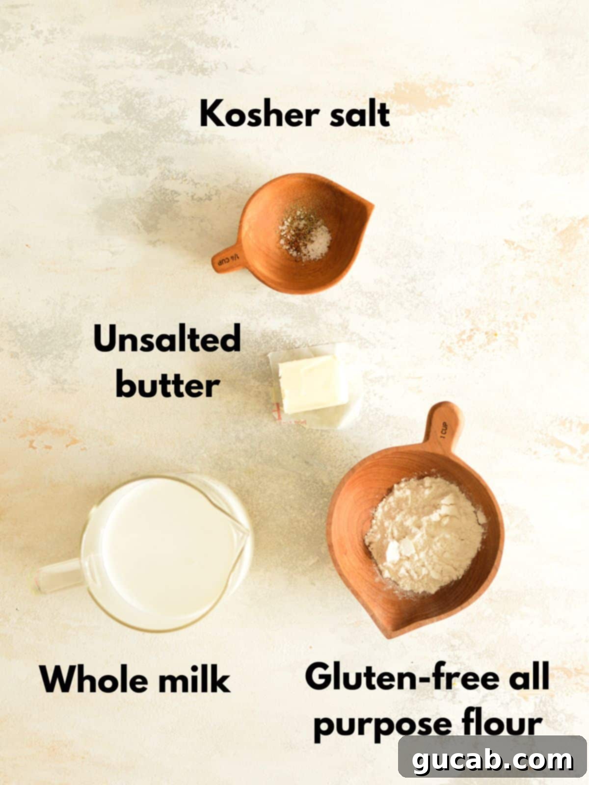 ingredients for gluten-free bechamel sauce including butter, milk, and flour