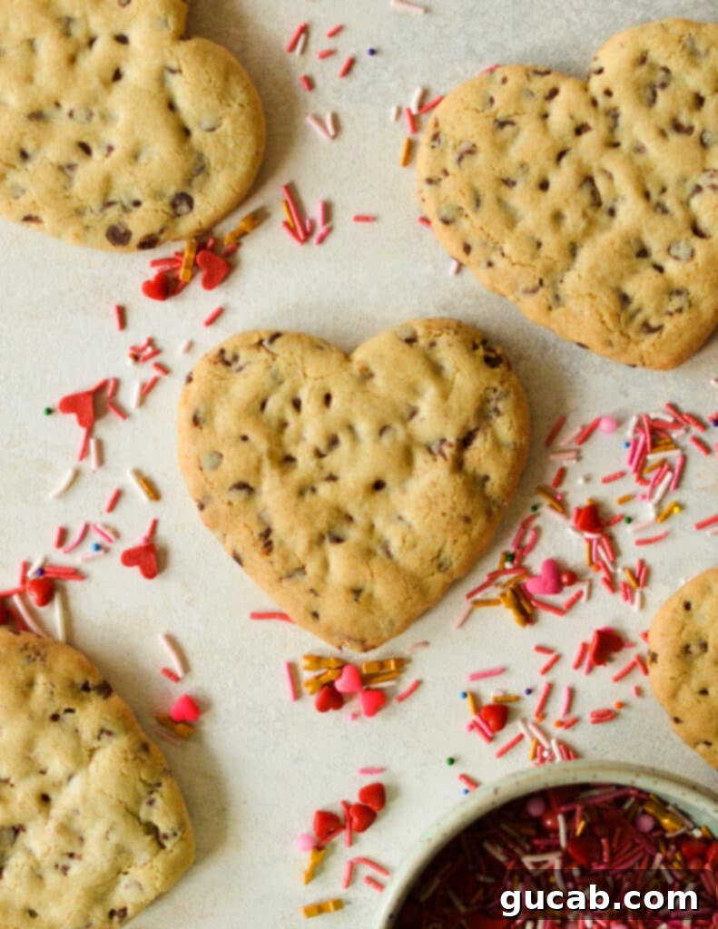Sweetheart Chocolate Chip Delights 2 heart cookies surrounded by valentines sprinkles