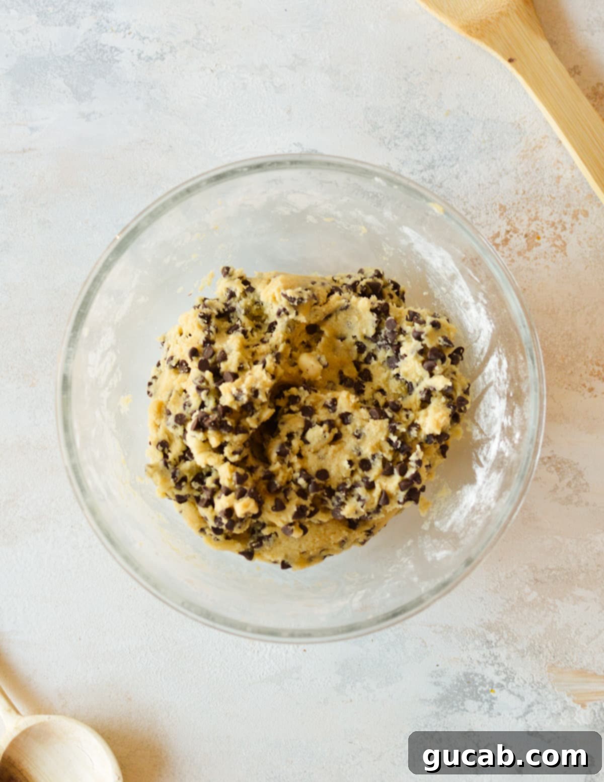 Sweetheart Chocolate Chip Delights 7 a bowl of chocolate chip cookie dough