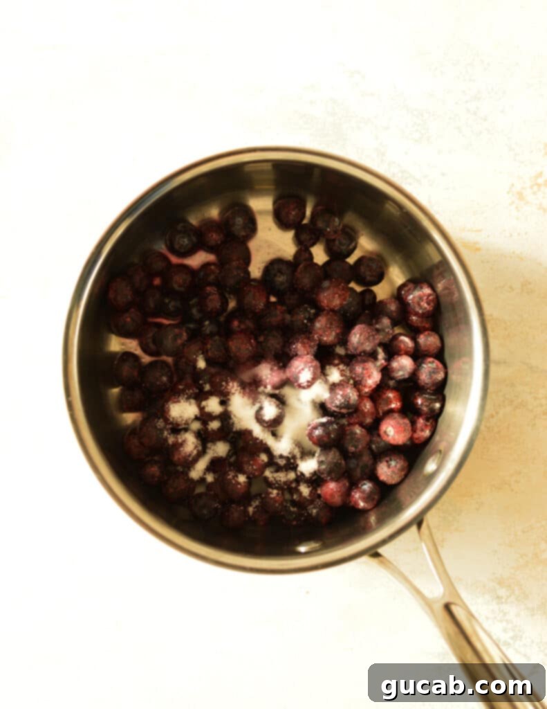 Indigo Berry Swirl 4 blueberries with sugar in saucepan.