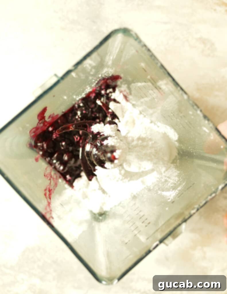 Indigo Berry Swirl 6 blueberries and powdered sugar in blender.