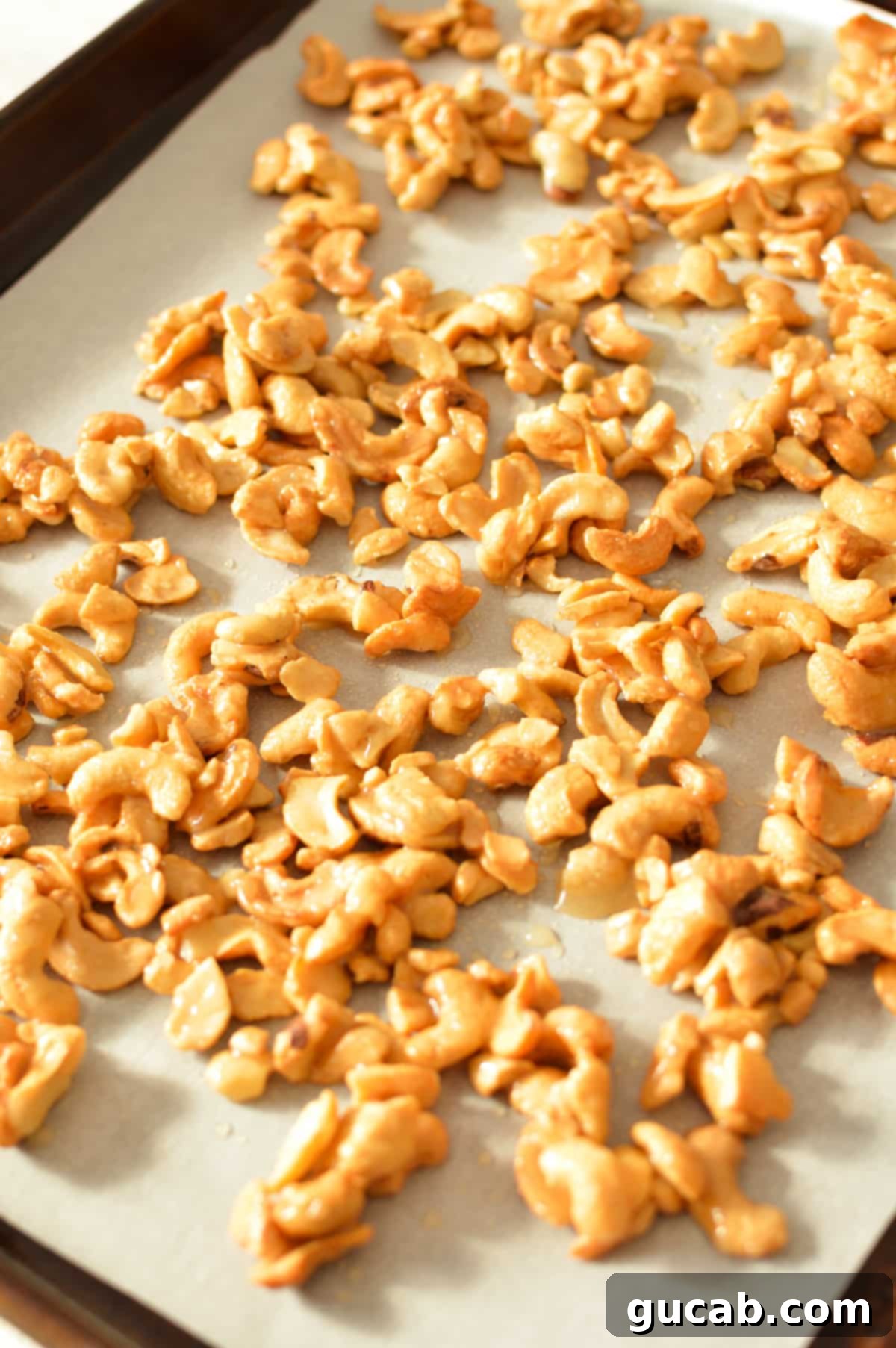 Honey coated cashews spread in a single layer on a parchment-lined sheet pan, ready for roasting.