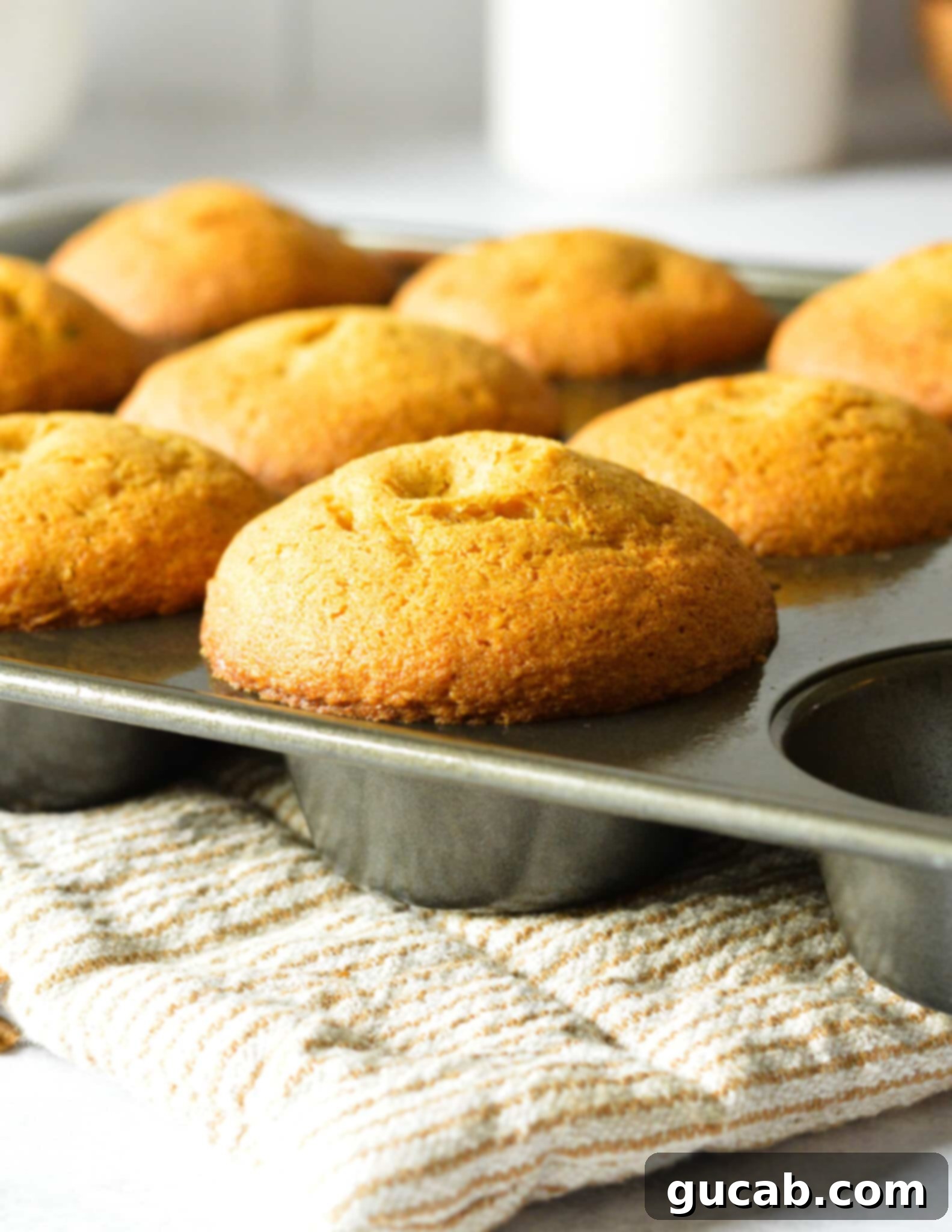Freshly baked gluten-free pumpkin muffins in a muffin tin, looking golden and ready to be removed and cooled.