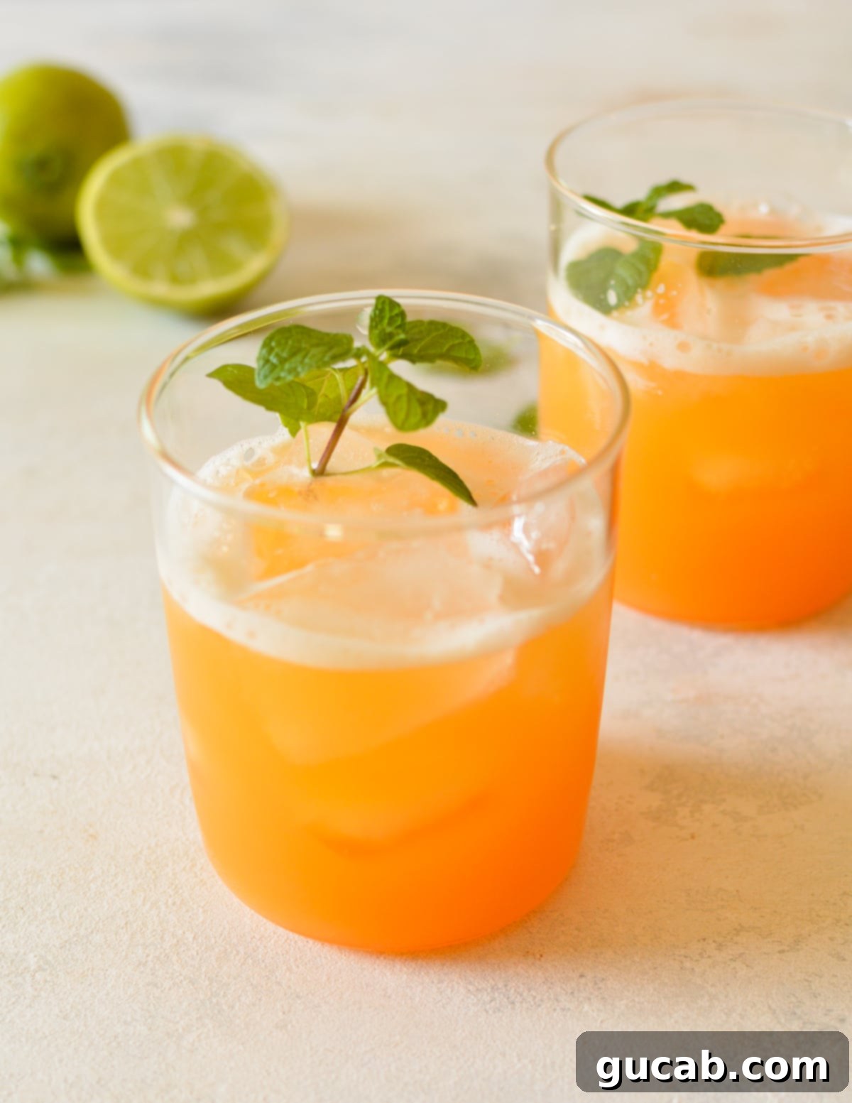Two glasses of vibrant cantaloupe juice, garnished with fresh mint, sitting on a wooden surface.