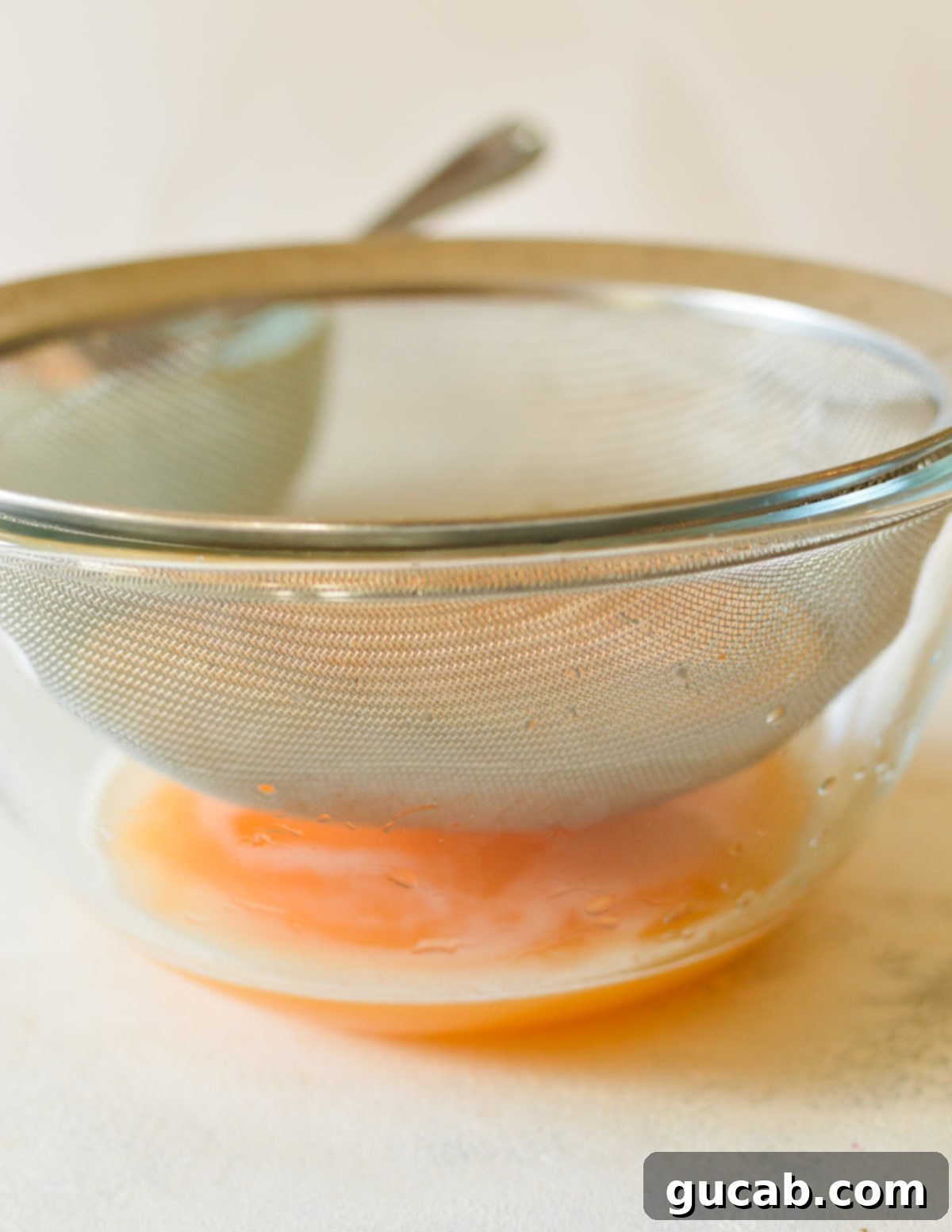 A bowl collecting clear cantaloupe juice, with a sieve containing puree above it.