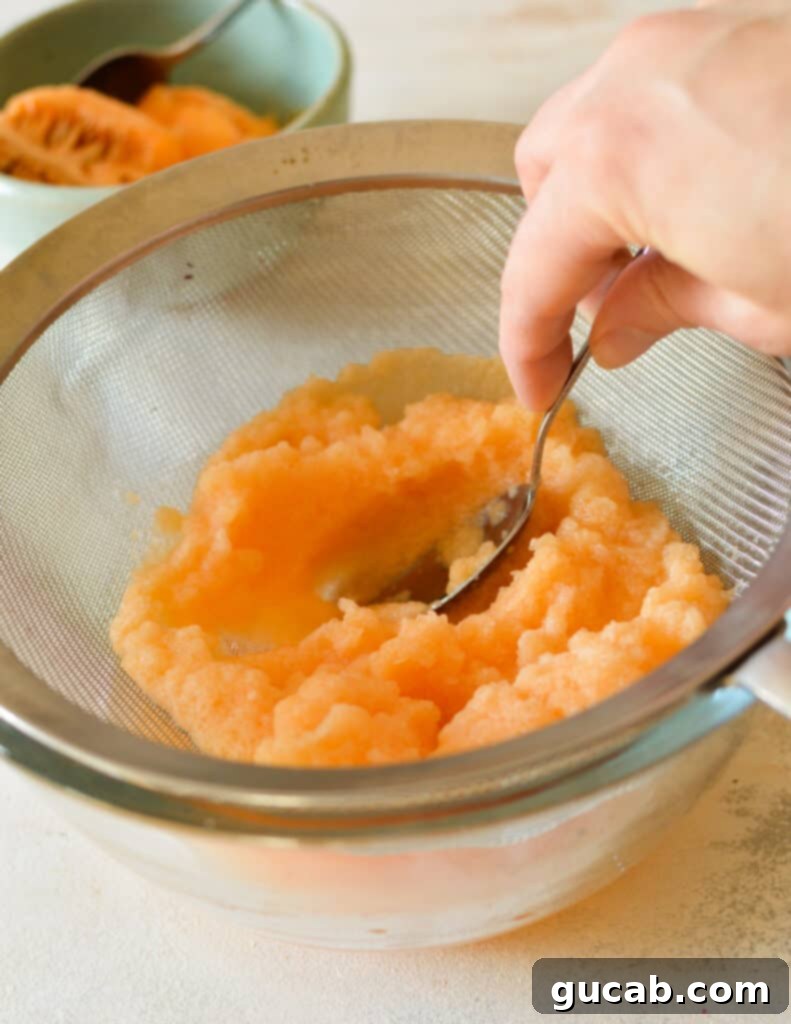 A spoon pressing against cantaloupe puree in a sieve to extract juice.