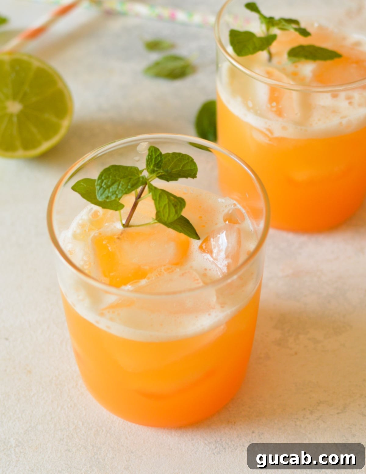 Two glasses of cantaloupe juice with mint leaves as garnish.