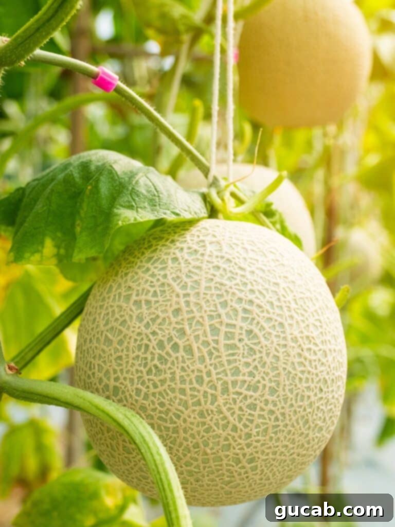 Unripe cantaloupe still attached to the vine, showing green tinge