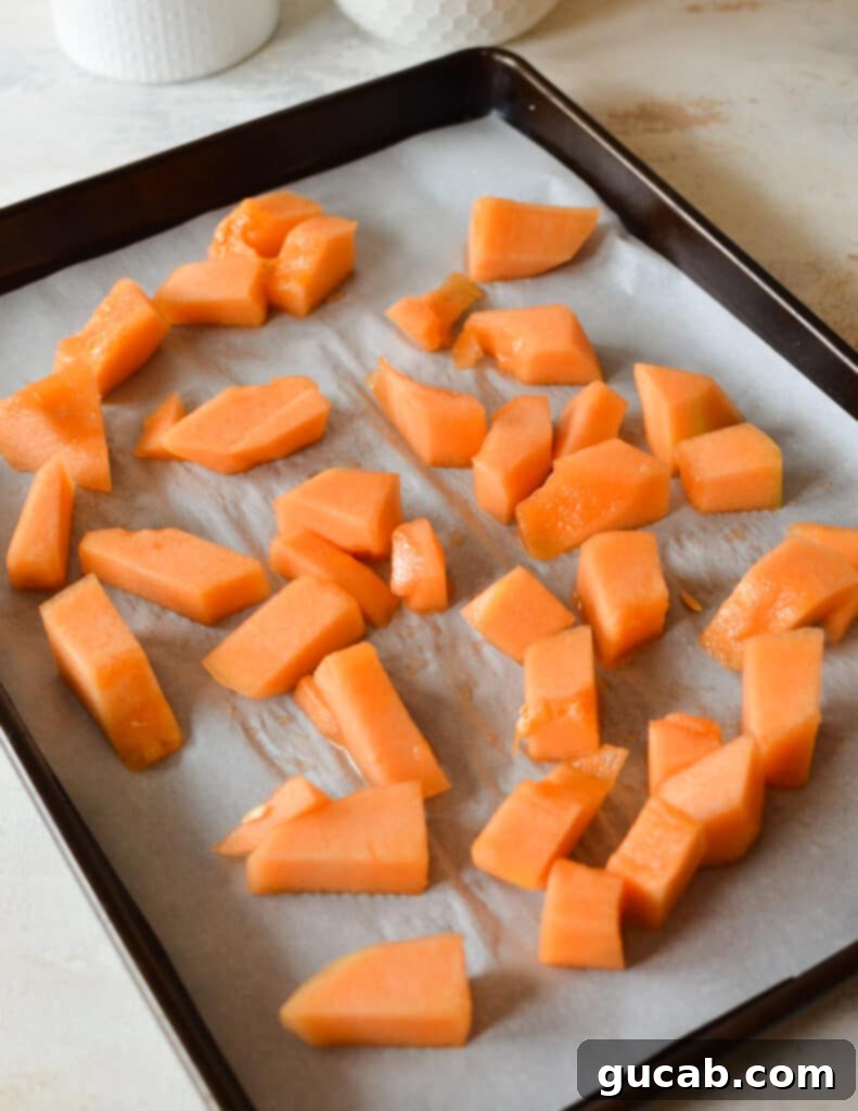 frozen cantaloupe on sheet pan