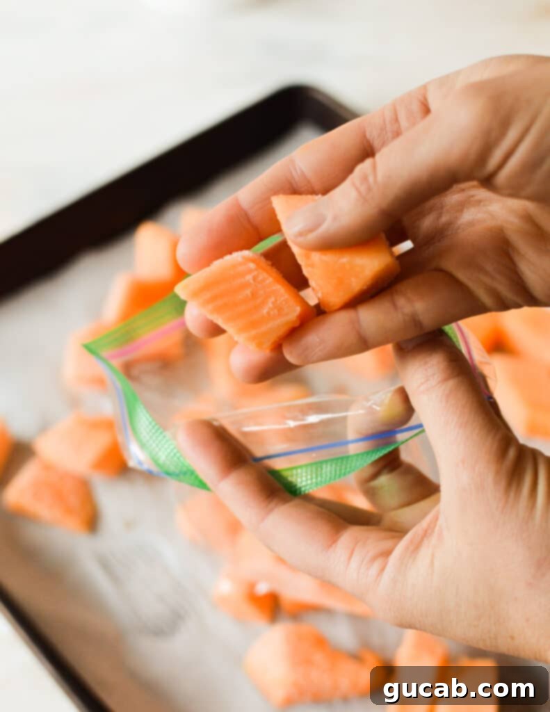 hand putting cantaloupe into a bag.